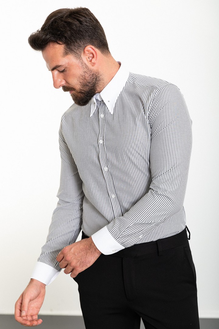 Black And White Color Striped And Hooked Needle Design Classic Men's Shirt
