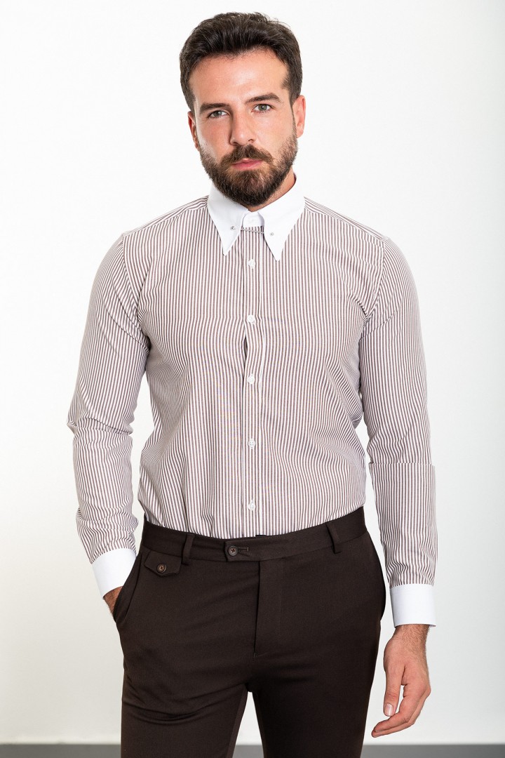 Brown And White Color Striped And Hooked Needle Design Classic Men's Shirt
