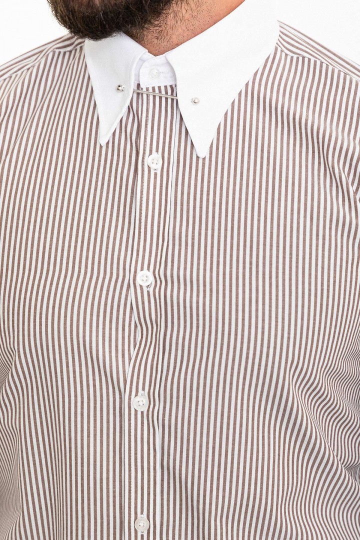 Brown And White Color Striped And Hooked Needle Design Classic Men's Shirt