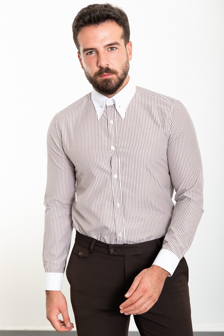 Brown And White Color Striped And Hooked Needle Design Classic Men's Shirt