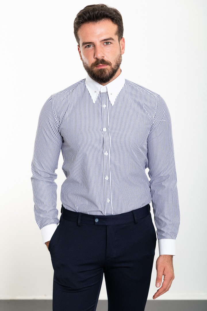 Dark Blue And White Color Striped And Hooked Needle Design Classic Men's Shirt