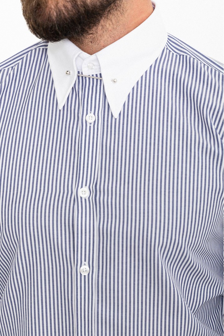 Dark Blue And White Color Striped And Hooked Needle Design Classic Men's Shirt
