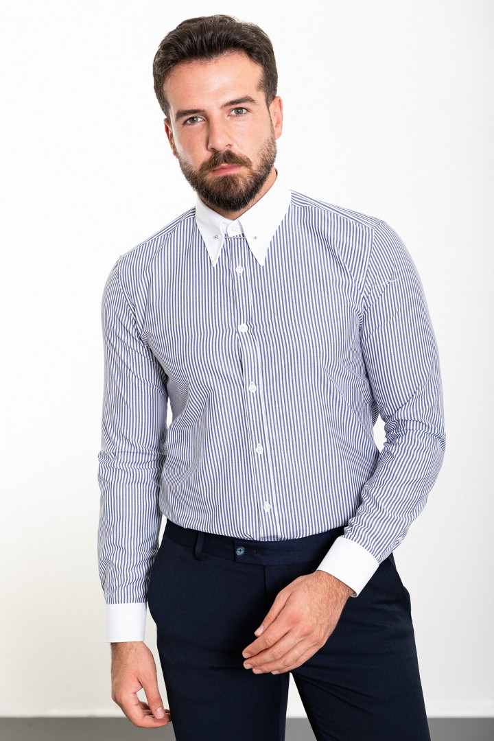 Dark Blue And White Color Striped And Hooked Needle Design Classic Men's Shirt