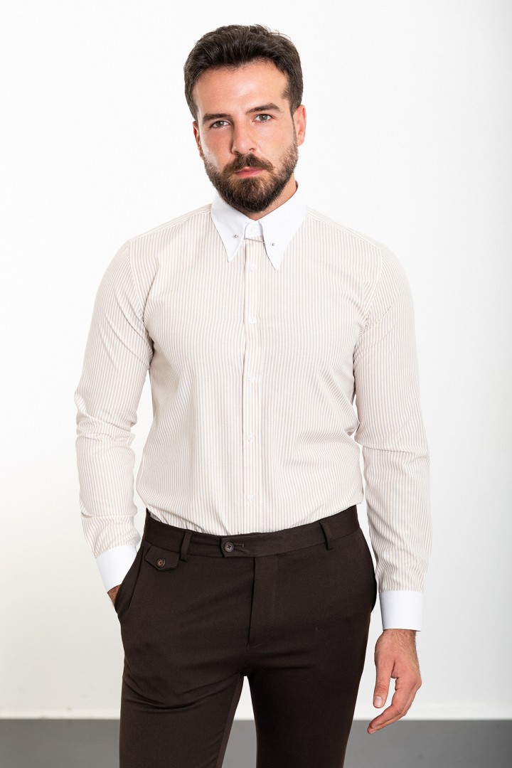 Beige And White Color Striped And Hooked Needle Design Classic Men's Shirt