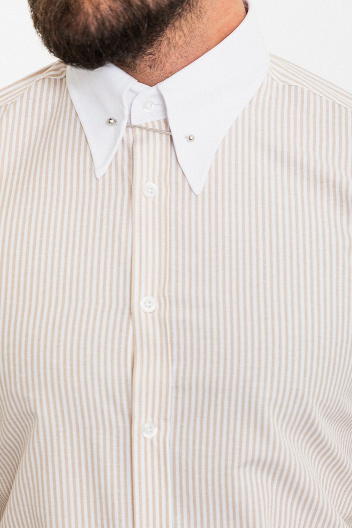 Beige And White Color Striped And Hooked Needle Design Classic Men's Shirt