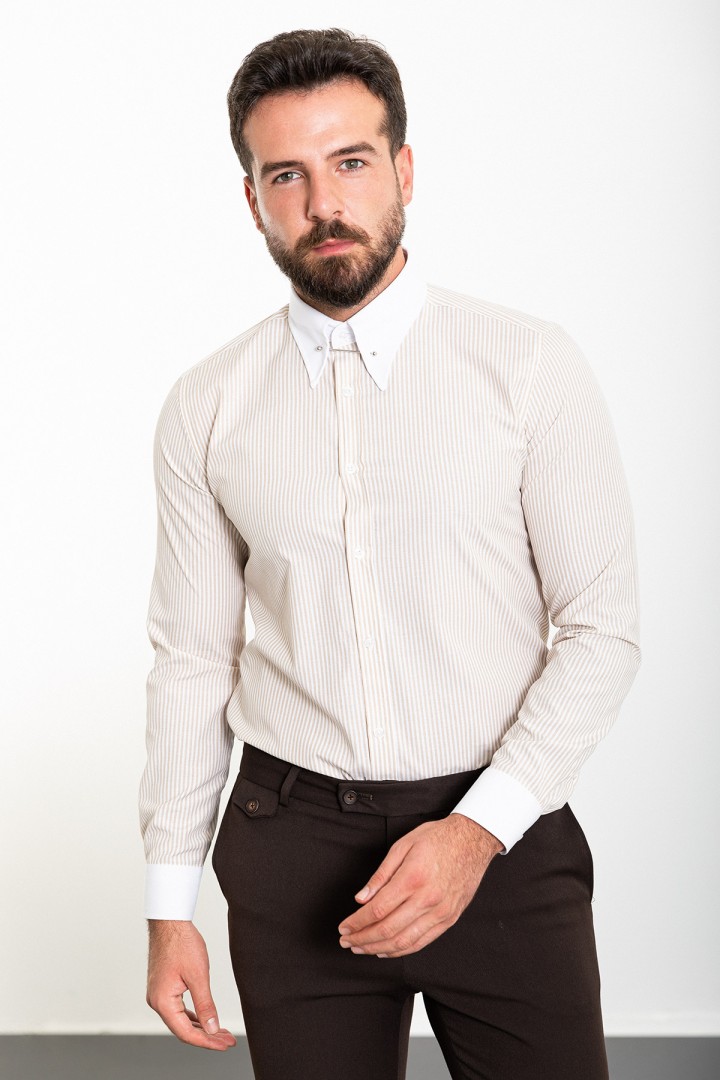 Beige And White Color Striped And Hooked Needle Design Classic Men's Shirt