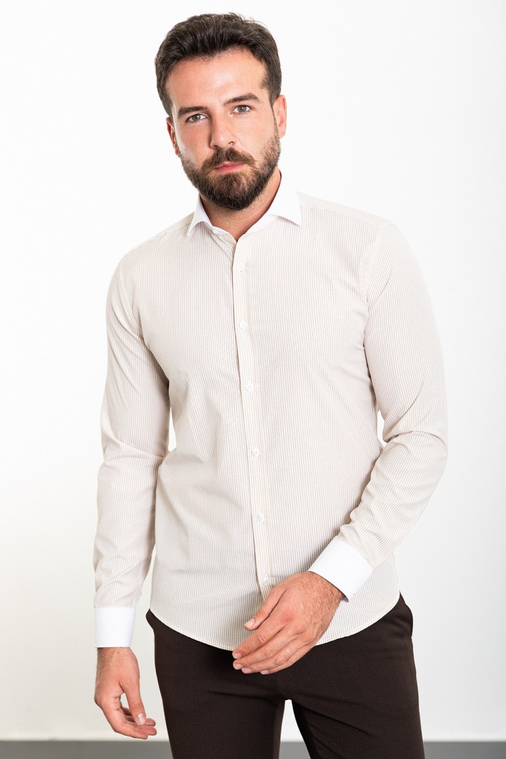 Beige And White Color Striped Design Classic Men's Cotton Shirt