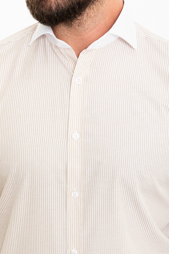 Beige And White Color Striped Design Classic Men's Cotton Shirt