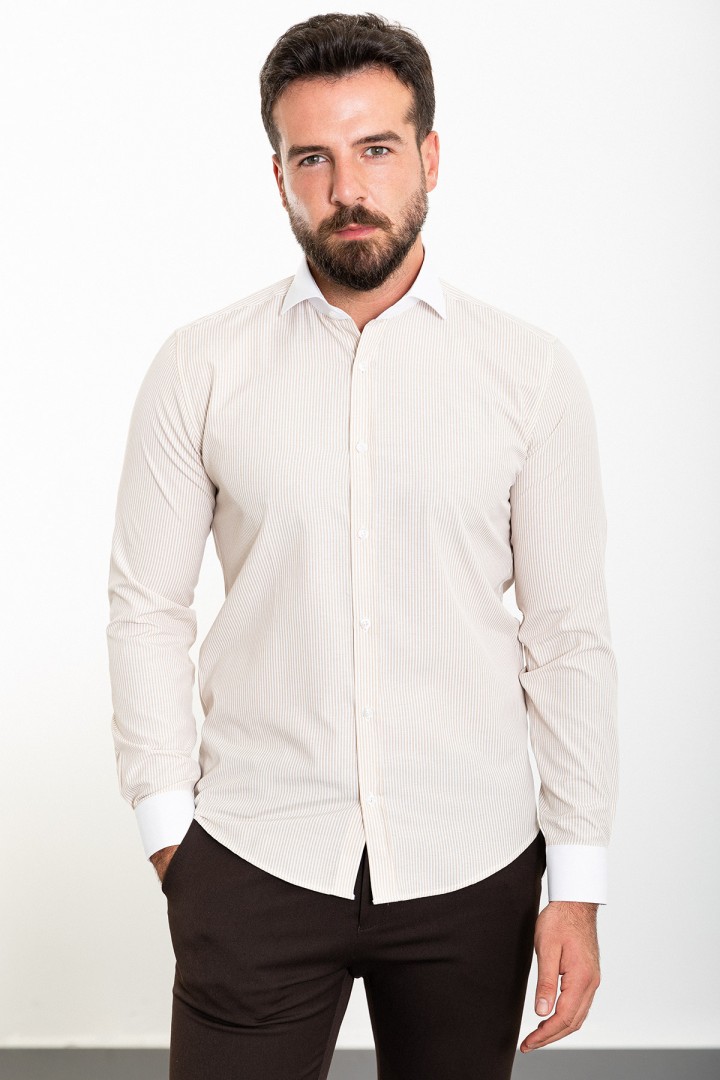 Beige And White Color Striped Design Classic Men's Cotton Shirt