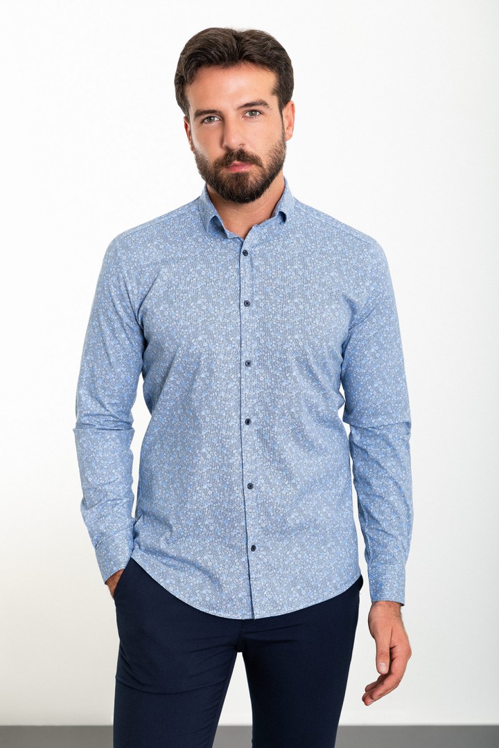 Blue Color Figured Design Classic Cotton Men's Shirt