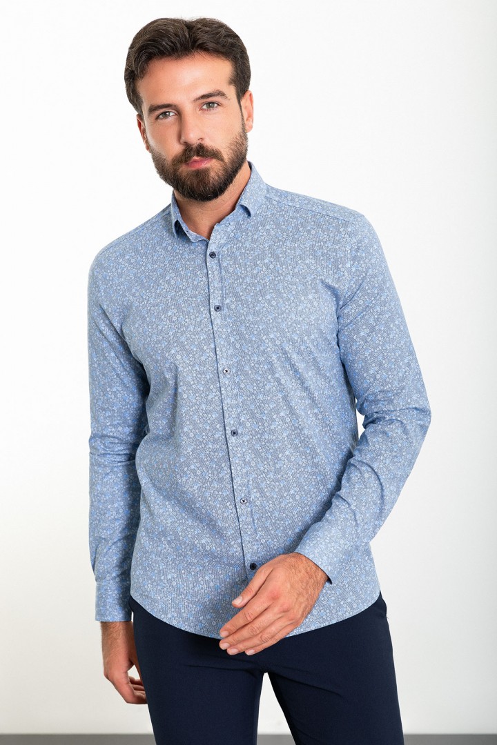 Blue Color Figured Design Classic Cotton Men's Shirt