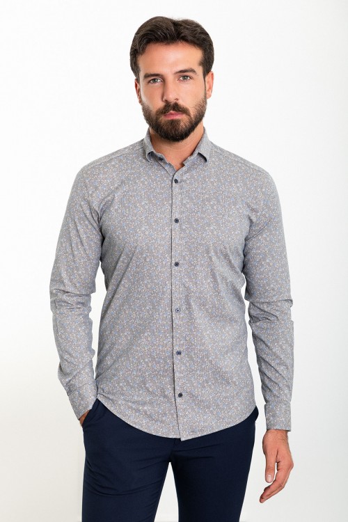 Beige Color Figured Design Classic Cotton Men's Shirt