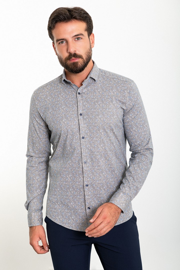 Beige Color Figured Design Classic Cotton Men's Shirt