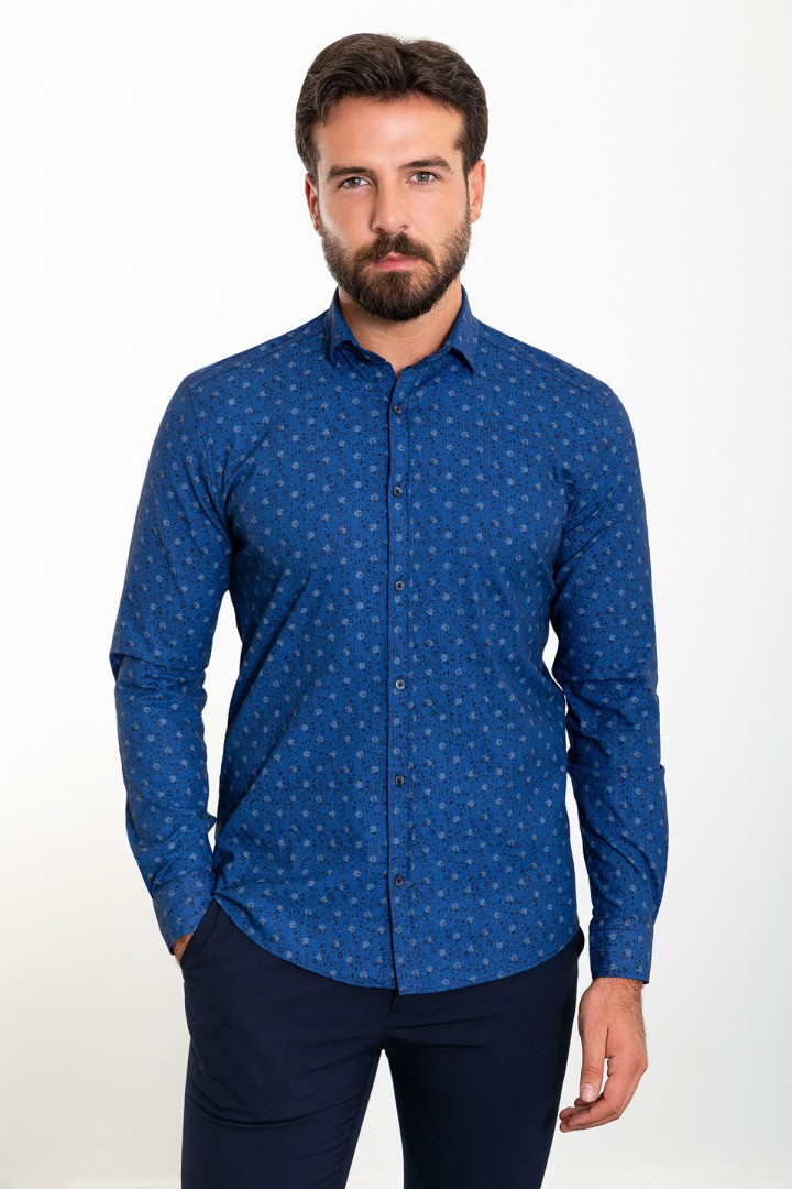 Dark Blue And Sax Color Figured Design Classic Cotton Men's Shirt