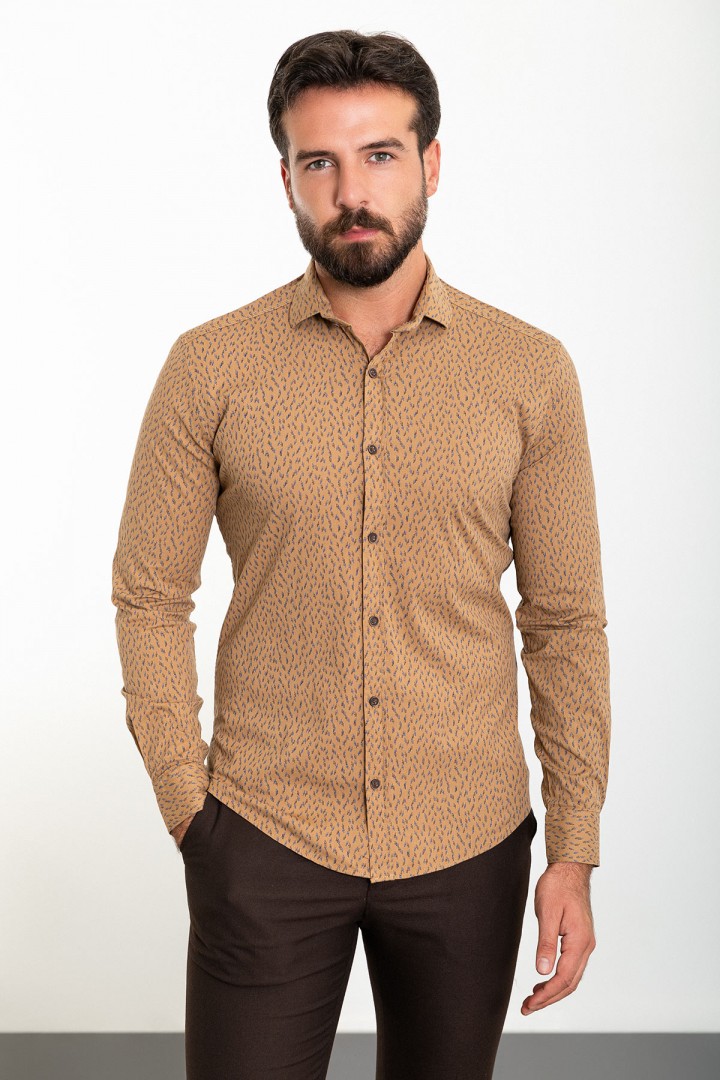 Camel Color Figured Design Classic Cotton Men's Shirt