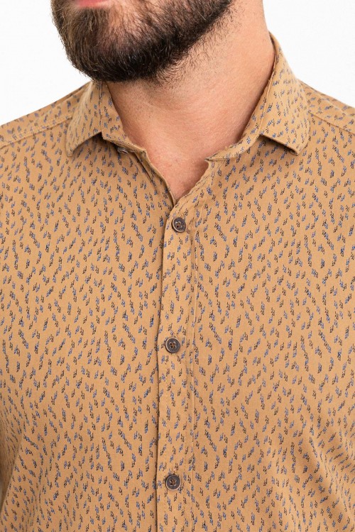 Camel Color Figured Design Classic Cotton Men's Shirt