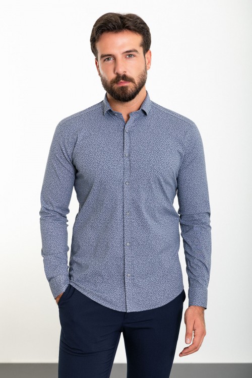 Grey Color Figured Design Classic Cotton Men's Shirt