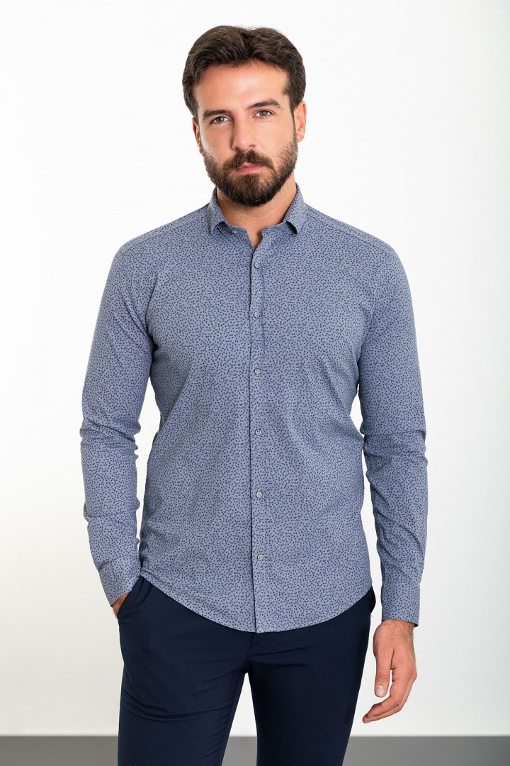 Grey Color Figured Design Classic Cotton Men's Shirt
