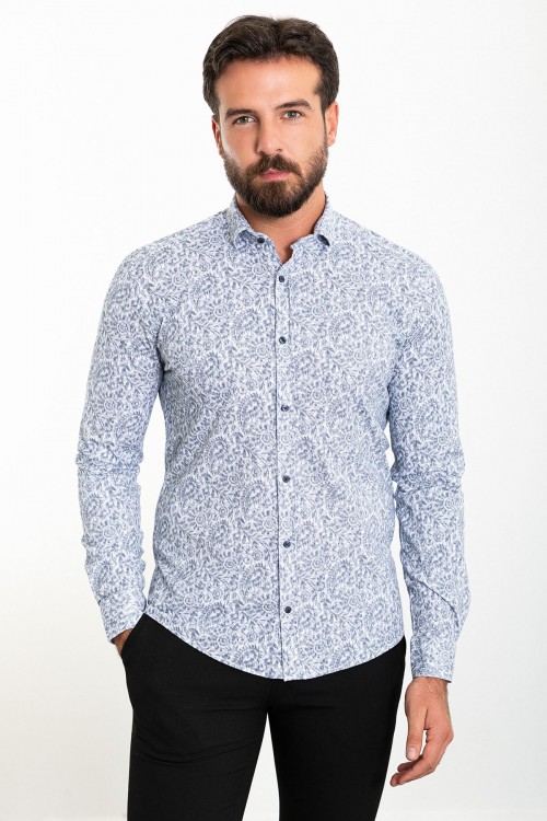 White Color Figured Design Classic Cotton Men's Shirt