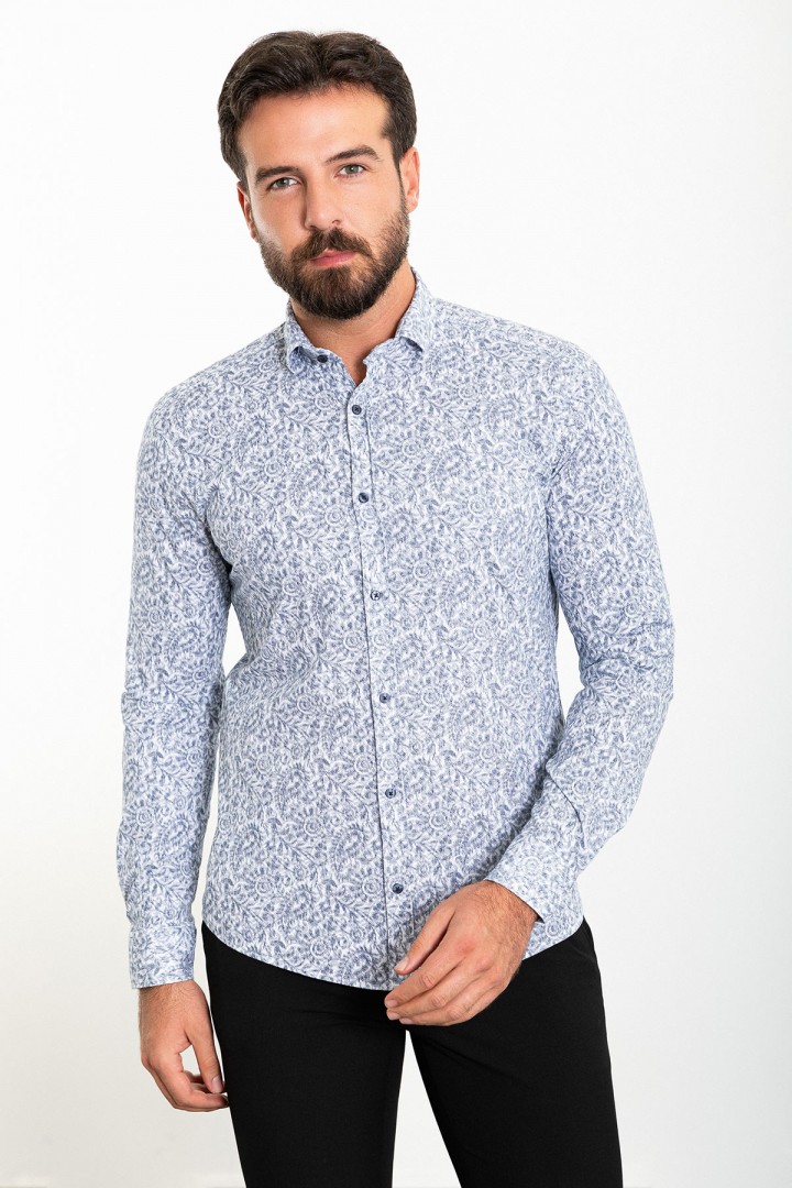 White Color Figured Design Classic Cotton Men's Shirt