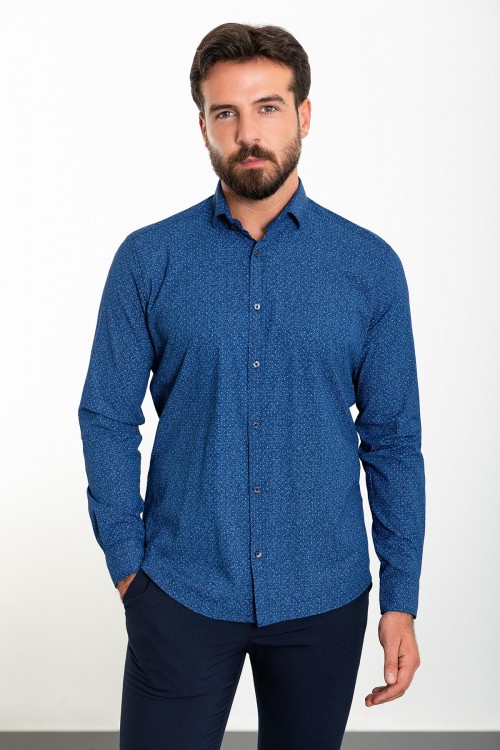 Dark Blue Color Figured Design Classic Cotton Men's Shirt