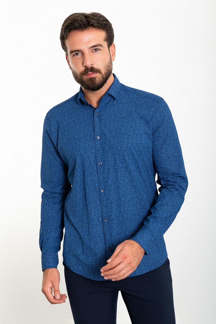 Dark Blue Color Figured Design Classic Cotton Men's Shirt