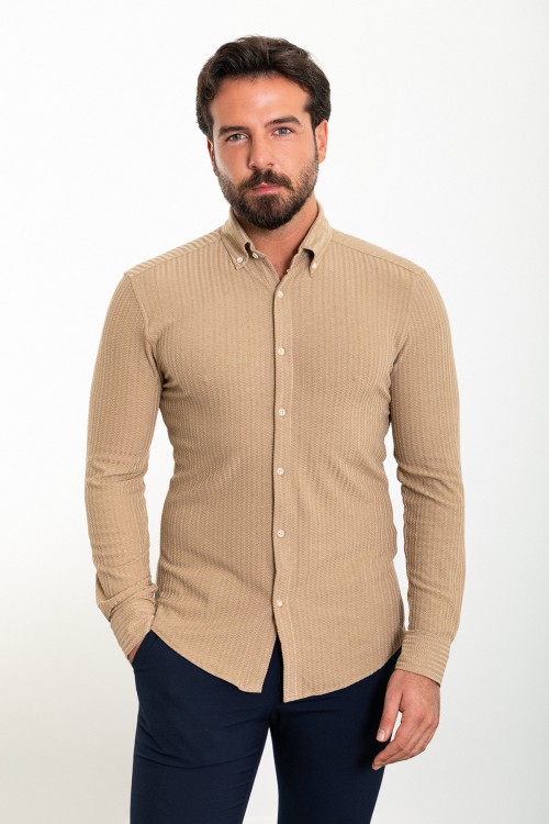 Camel Color Dobby Design Casual Cotton Men's Shirt