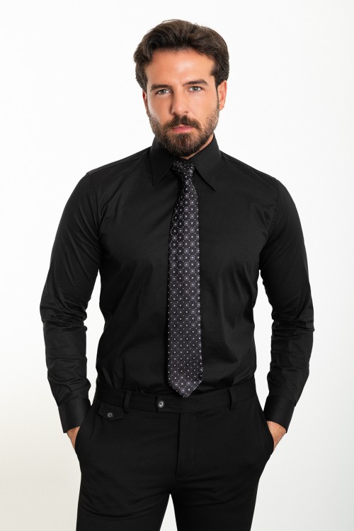 Black Color Wide Collar Design Classic Cotton Men's Shirt