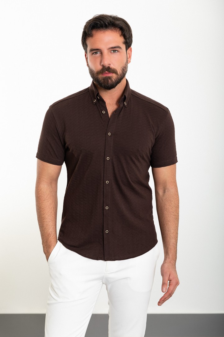 Brown Color Short Sleeve And Dobby Design Casual Cotton Men's Shirt