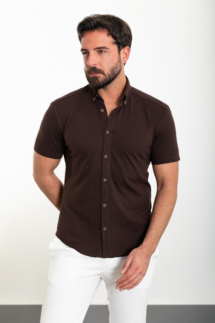 Brown Color Short Sleeve And Dobby Design Casual Cotton Men's Shirt