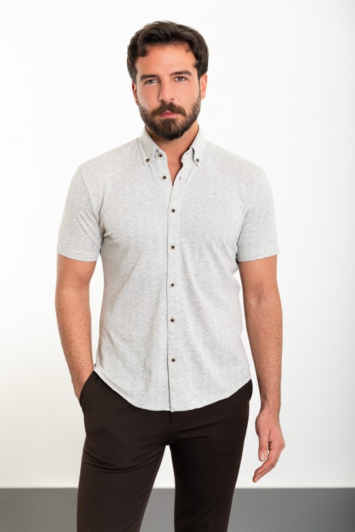 Grey Color Short Sleeve And Dobby Design Casual Cotton Men's Shirt