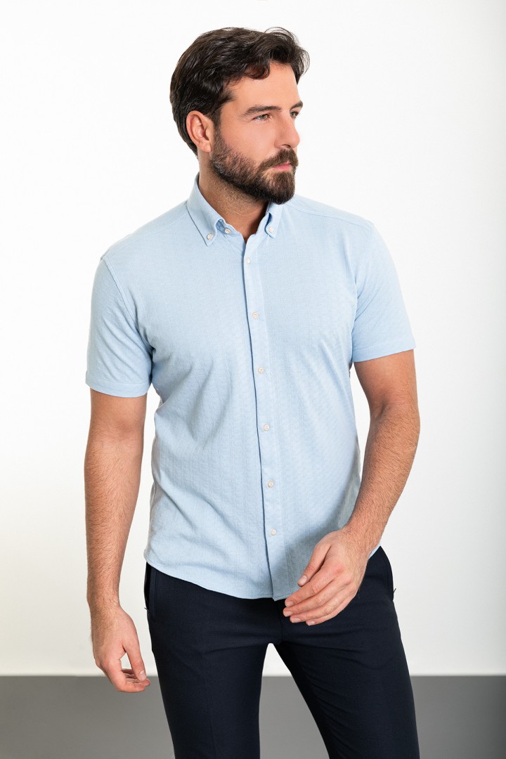 Blue Color Short Sleeve And Dobby Design Casual Cotton Men's Shirt