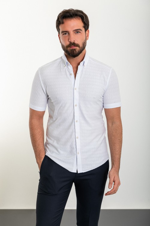 White Color Short Sleeve And Dobby Design Casual Cotton Men's Shirt