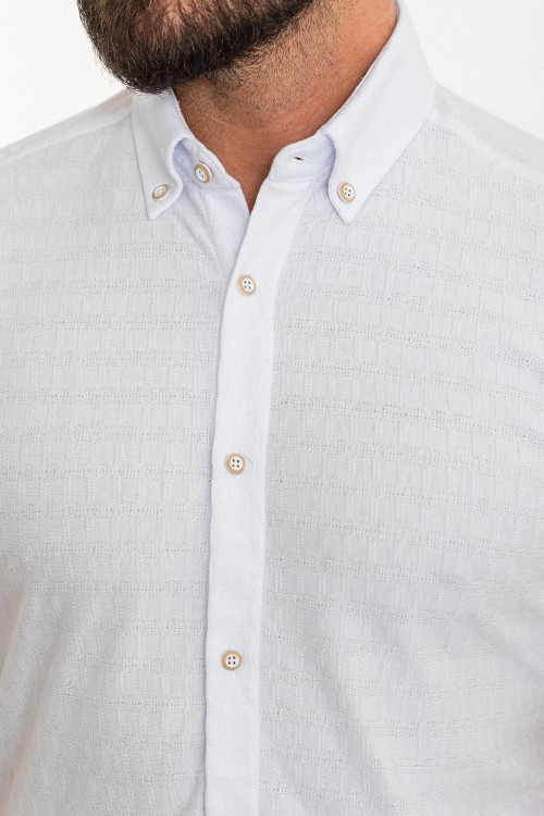 White Color Short Sleeve And Dobby Design Casual Cotton Men's Shirt