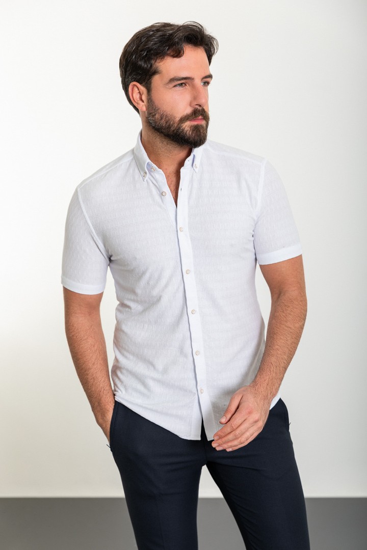 White Color Short Sleeve And Dobby Design Casual Cotton Men's Shirt