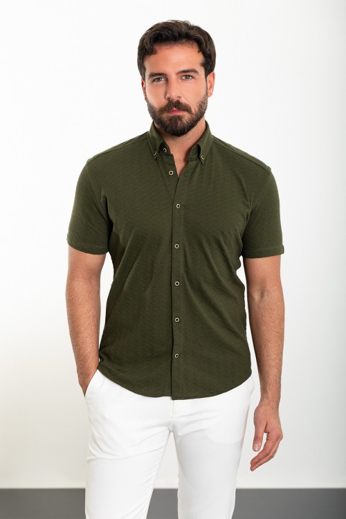 Khaki Color Short Sleeve And Dobby Design Casual Cotton Men's Shirt