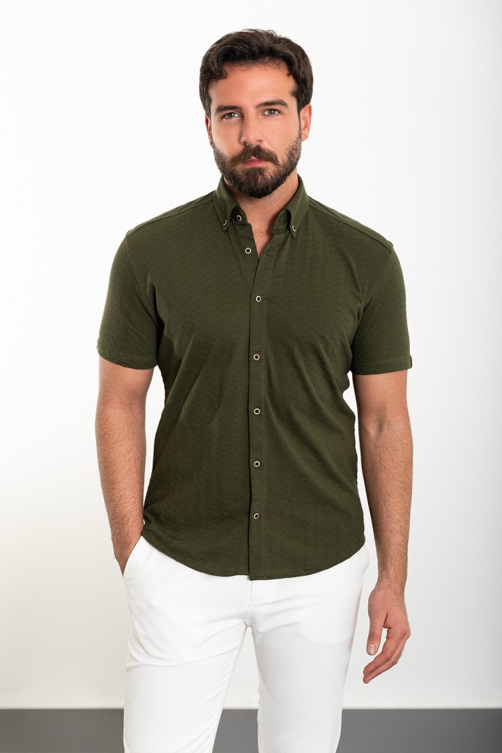 Khaki Color Short Sleeve And Dobby Design Casual Cotton Men's Shirt