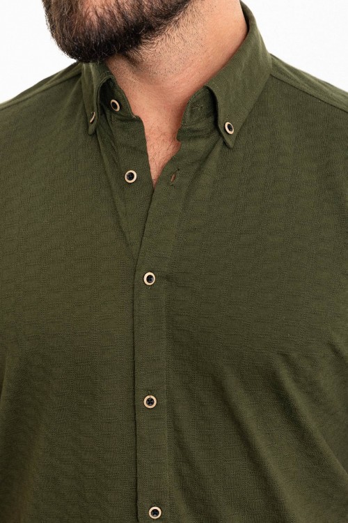 Khaki Color Short Sleeve And Dobby Design Casual Cotton Men's Shirt