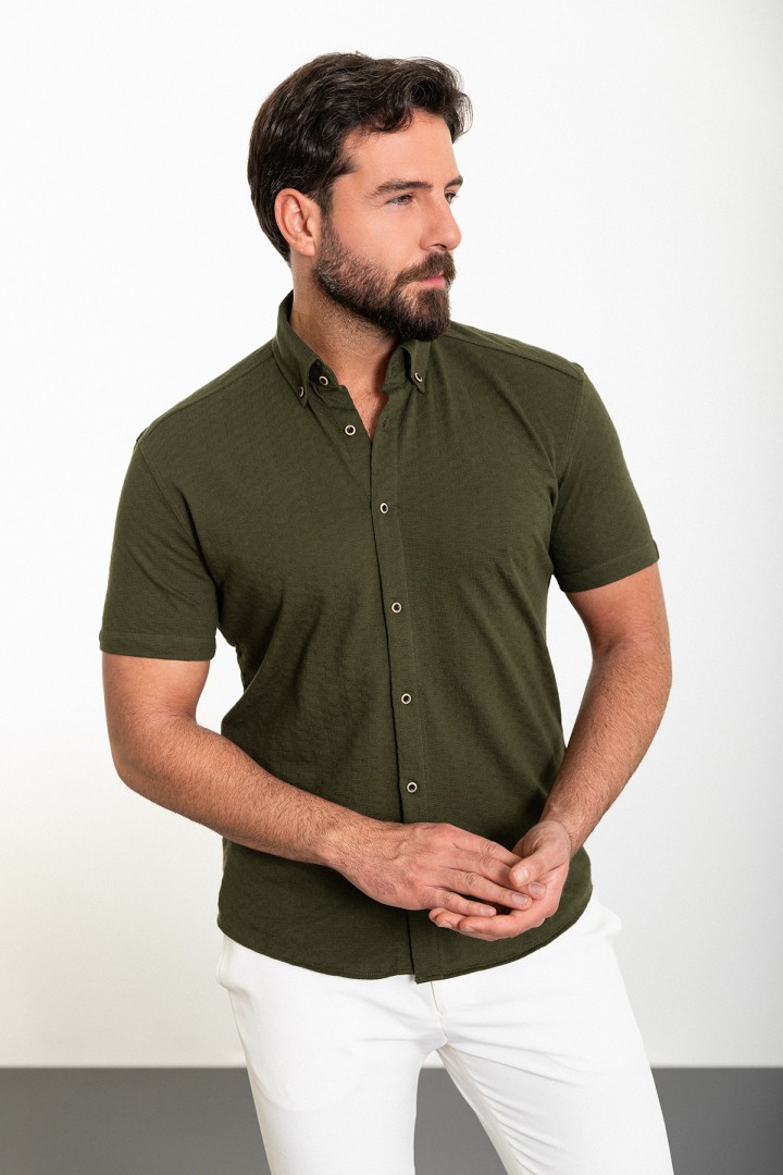 Khaki Color Short Sleeve And Dobby Design Casual Cotton Men's Shirt