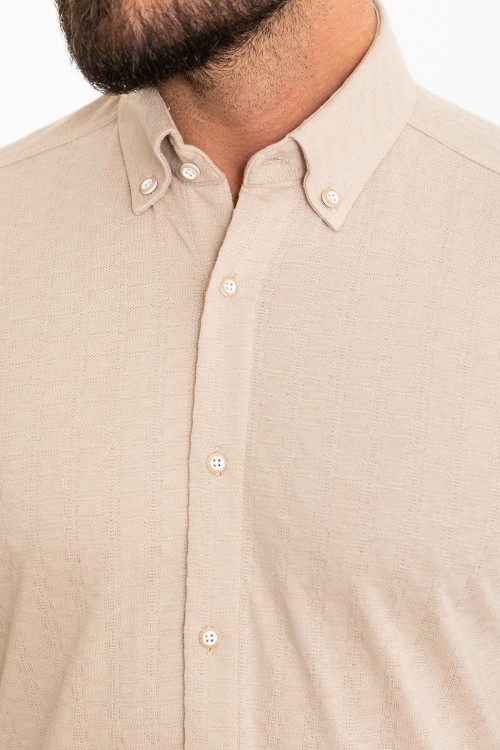 Beige Color Short Sleeve And Dobby Design Casual Cotton Men's Shirt