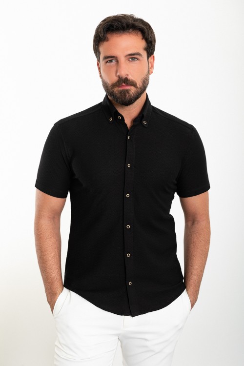 Black Color Short Sleeve And Dobby Design Casual Cotton Men's Shirt