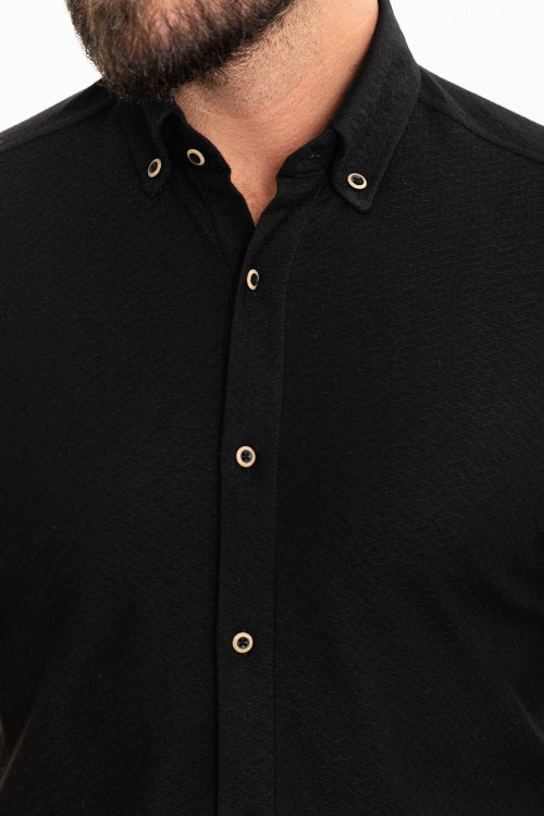 Black Color Short Sleeve And Dobby Design Casual Cotton Men's Shirt