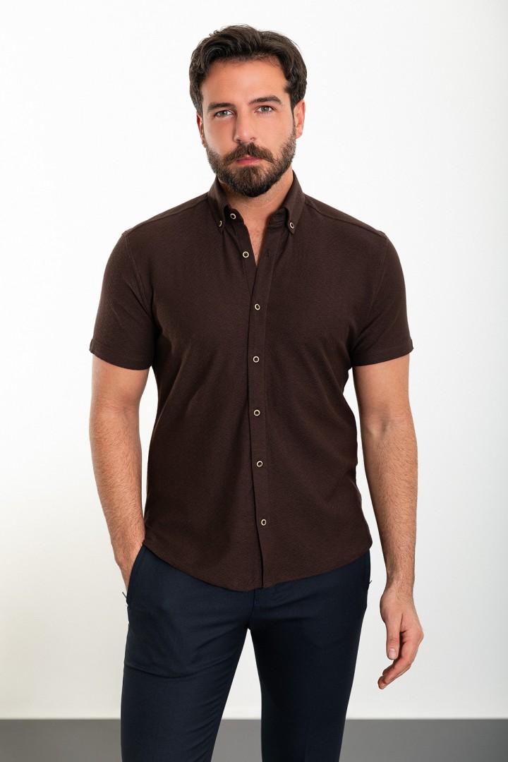 Brown Color Short Sleeve And Dobby Design Casual Cotton Men's Shirt