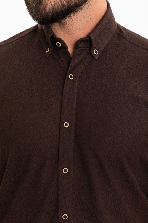 Brown Color Short Sleeve And Dobby Design Casual Cotton Men's Shirt