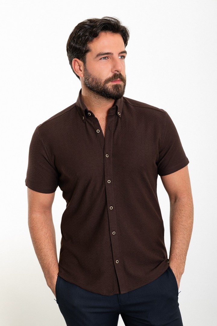 Brown Color Short Sleeve And Dobby Design Casual Cotton Men's Shirt