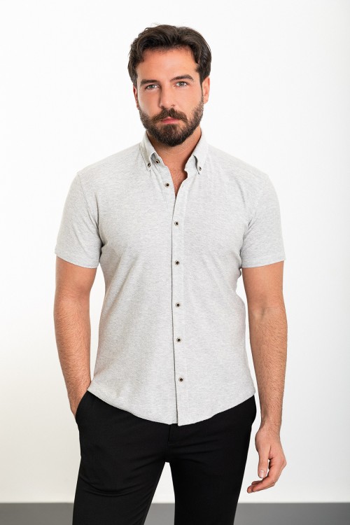 Grey Color Short Sleeve And Dobby Design Casual Cotton Men's Shirt