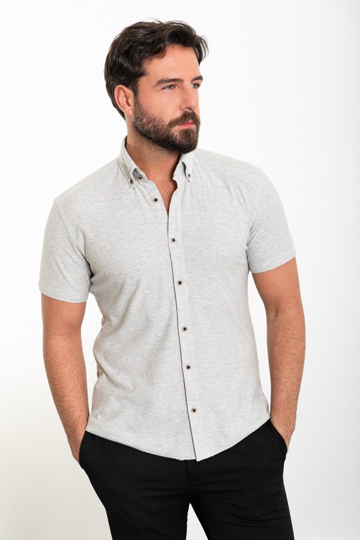 Grey Color Short Sleeve And Dobby Design Casual Cotton Men's Shirt