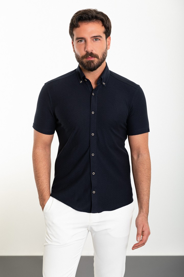Dark Blue Color Short Sleeve And Dobby Design Casual Cotton Men's Shirt