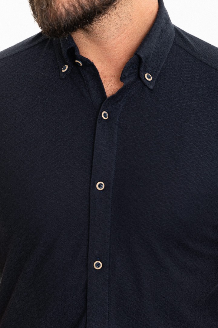 Dark Blue Color Short Sleeve And Dobby Design Casual Cotton Men's Shirt