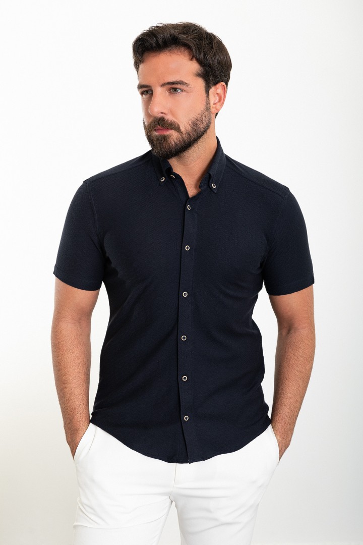 Dark Blue Color Short Sleeve And Dobby Design Casual Cotton Men's Shirt